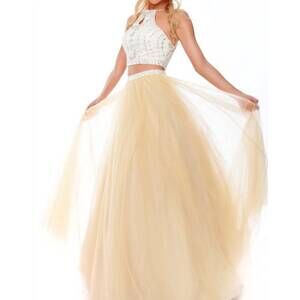 NEW PRECIOUS FORMALS two piece beaded halter evening gown in white/nude